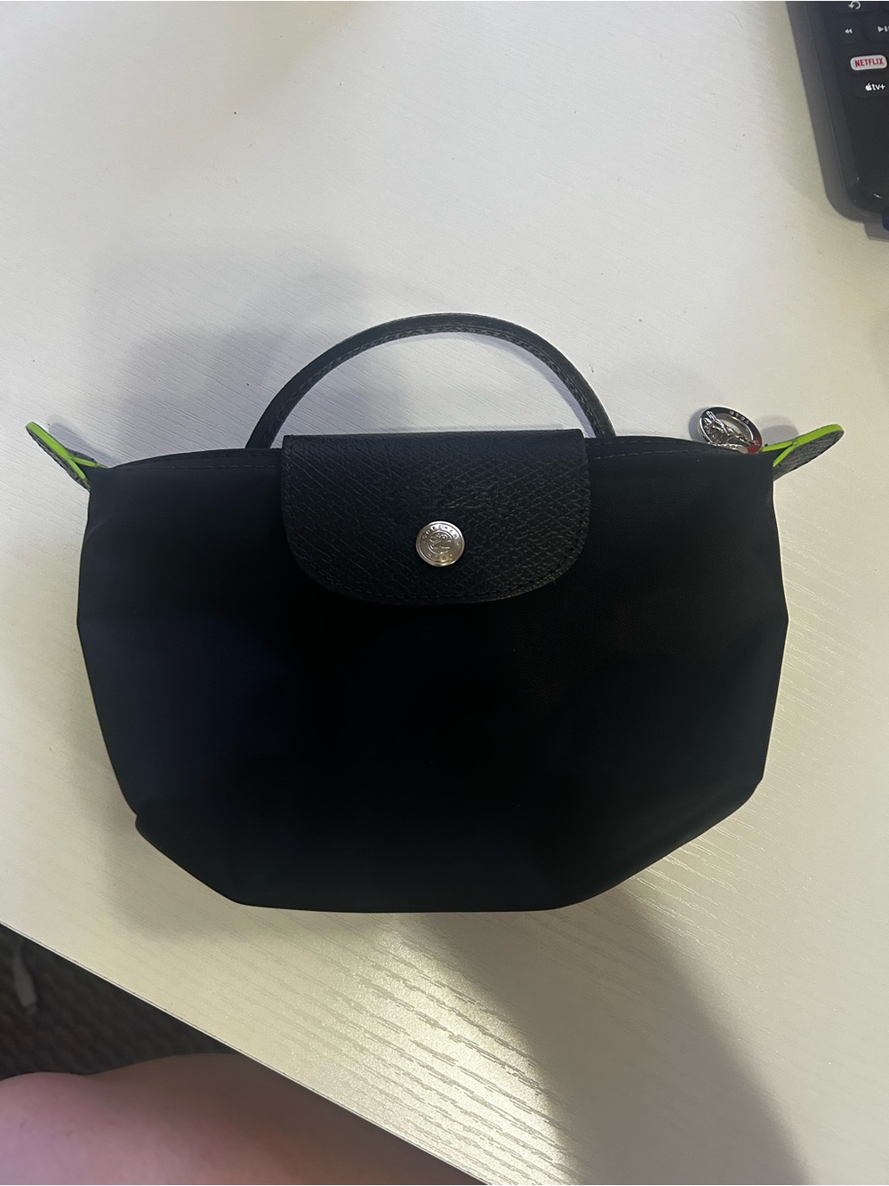 Longchamp Mini Top-Handle Bag in Black with Neon Green Trim